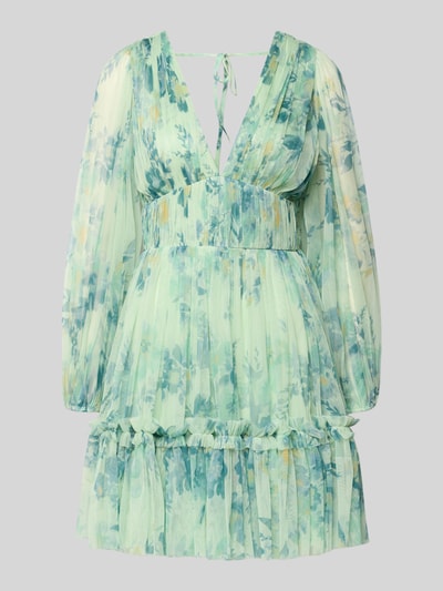 Productfoto, Cocktailkleid aus Tüll mit V-Ausschnitt van LACE & BEADS in mintgroen met blauwgroene bloemenprint, a-lijn minijurk, tulle, lengte 90 cm, borstwijdte 33 cm, mouwlengte 61 cm
