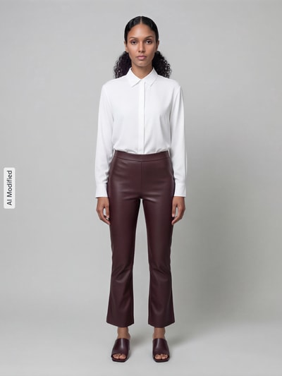 Vrouwenmodel draagt donkerbruine Wide Leg Kunstlederhose aus Viskose-Mix model 'MACY' van Raffaello Rossi, Dames, volledig frontaal.