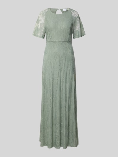 Produktfoto, Maxikleid aus Spitze mit Rundhalsausschnitt Modell 'FEMMA' von Vila, grüner Material-Mix mit Stretch, gerader Schnitt.