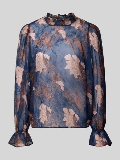 Produktfoto, Regular Fit Bluse in semitransparentem Design von Christian Berg Woman Selection mit floraler Musterung in Blau und Beige, Stehkragen mit Rüschenbesatz, Smok-Detail und langen Ärmeln, Damenmode mit leicht glänzender Textur