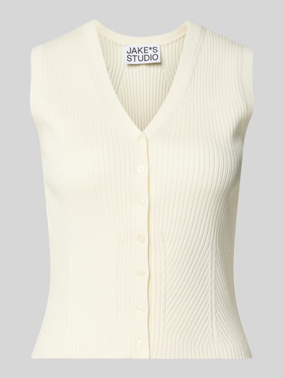 Produktfoto, Strickweste aus Viskose-Mix mit V-Ausschnitt von Jake*s, cremefarben, Slim-Fit, Ripp-Optik, Knopfleiste, Rückenlänge 50 cm