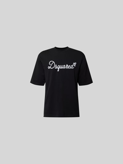 Produktfoto, Loose Fit T-Shirt aus reiner Baumwolle von Dsquared2 in Schwarz mit weißem Label-Stitching, Rundhalsausschnitt, glatte Textur
