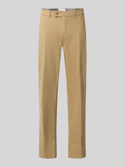 Produktfoto, Regular Fit Chino aus Baumwoll-Mix Modell 'Evans' von Brax in Beige, unifarben, Twill-Struktur, Gürtelschlaufen, seitliche Eingrifftaschen, Gesäßpaspeltaschen, Label-Detail.