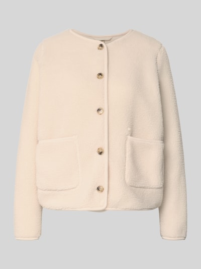 Produktfoto, cremefarbene Regular Fit Teddyjacke mit ausgesetzten Taschen Modell 'SC-ONYX 2' von Soyaconcept, Damen Teddy- / Webpelzjacke, weiche Oberfläche, feine Struktur