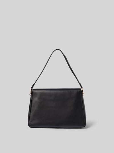 Produktfoto, Shoulder Bag mit Logo-Detail von Tory Burch in schwarzem Glattleder, Hauptfach mit Überschlag, abnehmbarer Schulterriemen, Magnetverschluss, Innenfach mit Reißverschluss, Maße ca. 33 cm Breite, 23 cm Länge, 13 cm Tiefe.