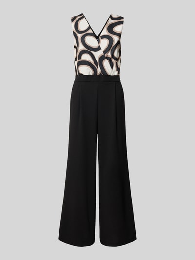 Produktfoto, Jumpsuit mit Eingrifftaschen Modell 'Bi44lina' von ZABAIONE, Material-Mix mit Stretch-Anteil, weites Bein, V-Ausschnitt, Oberteil mit abstraktem Muster in Schwarz, Weiß und Beige, Hose einfarbig Schwarz, für Damen