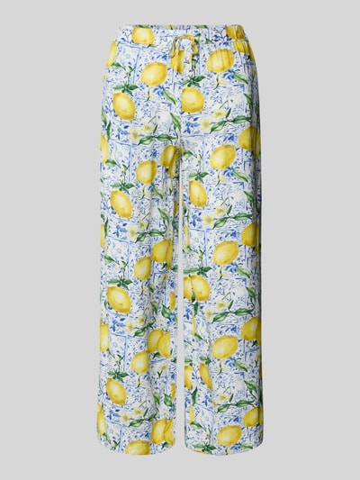 Produktfoto, Caprihose aus Viskose im Allover-Look von Christian Berg Woman mit gelbem Zitronenmotiv, elastischer Bund, Relaxed-Fit, weiß-blau-gelb
