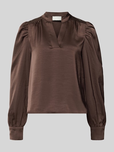 Produktfoto, Langarmbluse mit Stretch-Anteil Modell 'Rosslyn' von Neo Noir, brauner Satin, V-Ausschnitt, Ballonärmel, lockere Passform