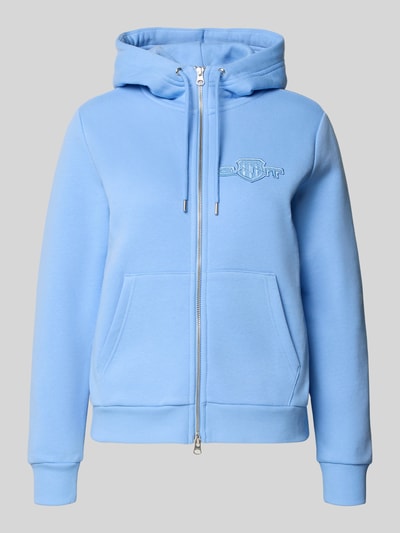 Produktfoto, Sweatjacke mit Zweiwege-Reißverschluss und Label-Stitching von Gant aus Baumwoll-Mix mit Kapuze, Regular-Fit, Känguru-Tasche in Hellblau.