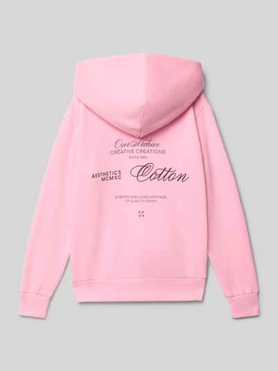 Produktfoto, Hoodie mit Kapuze Modell 'ROAR' von Jack & Jones in Rosa, Baumwoll-Mix, lockerer Schnitt, Label-Print, Känguru-Tasche, gerippte Abschlüsse.