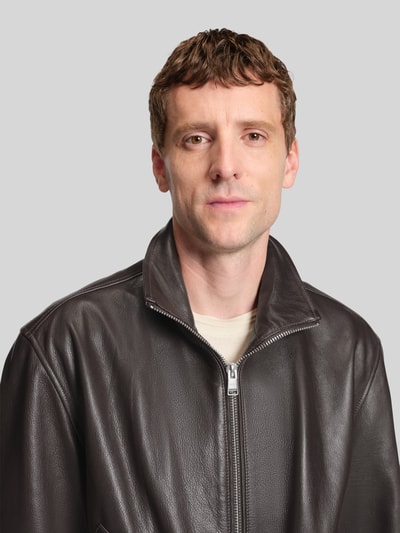 BOSS Regular Fit Lederjacke mit Stehkragen Modell 'MANDER' Dunkelbraun 3