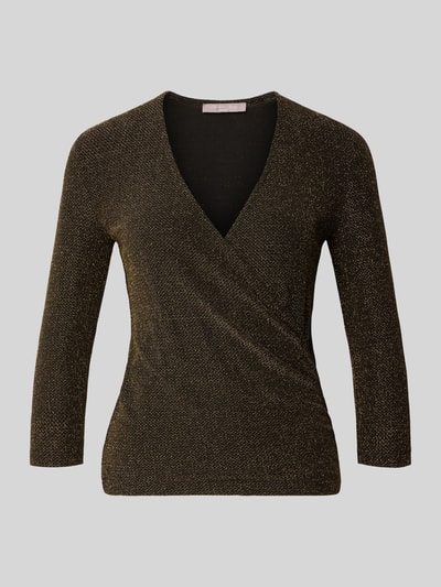 Produktfoto, Schimmerndes Blusenshirt mit V-Ausschnitt von Christian Berg Woman Selecti, Material-Mix mit Stretch, Slim Fit, goldene Struktur auf dunklem Grund, Dreiviertelärmel, Vorderansicht.