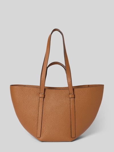 Produktfoto, strukturierte braune Handtasche mit Label-Detail Modell 'COSMO' von Abro, Hauptfach mit Reißverschluss, Tragehenkel, Schulterriemen, Innentasche, Breite 40 cm, Länge 25 cm, Tiefe 13 cm, Länge Schulterriemen 61 cm
