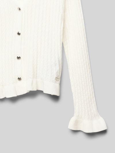 Produktfoto, Strickjacke mit Knopfleiste von Guess für kinder in Weiß, Material-Mix mit Stretch-Anteil, Regular-Fit, gerippte Abschlüsse, V-Ausschnitt, Label-Detail, Rückenlänge 50 cm, Ärmellänge 38 cm.