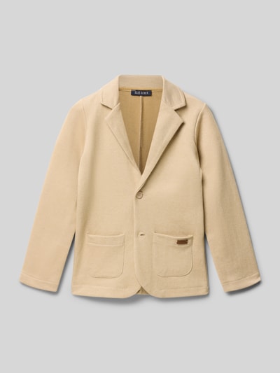 Produktfoto, Blazer mit Reverskragen und aufgesetzten Taschen von Blue Seven in beżowym kolorze, bawełniany miks, krój regular fit, zapięcie na guzik, naszywane kieszenie, długość pleców w rozmiarze 116: 46 cm, szerokość ramion w rozmiarze 116: 26 cm, długość rękawa w rozmiarze 116: 41 cm, tekstura gładka
