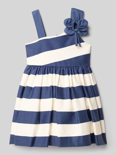 Productfoto, Knielanges Kleid mit floraler Applikation van Mayoral, katoenmix met stretch, a-lijn, brede bandjes, knielengte, bloemenapplicatie, ritssluiting achter, ruglengte maat 98 43 cm, blauw-wit gestreept