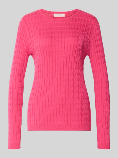 Produktfoto, Slim Fit Strickpullover mit Zopfmuster von Christian Berg Woman in leuchtendem Pink, Baumwoll-Mix, Rundhalsausschnitt, gerippte Blenden, Langarm, für Damen