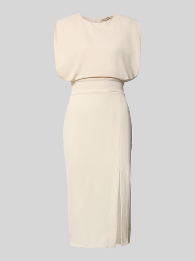 Produktfoto, Cocktailkleid mit Gehschlitz von Rinascimento, kremowy, materiał z domieszką stretchu, krój slim fit, długość midi, model 'Abito', okrągły dekolt, boczne rozcięcie, zamek z tyłu, długość tyłu w rozmiarze S: 110 cm, szerokość w rozmiarze S: 35 cm