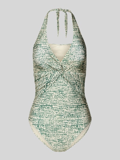 Produktfoto, Badeanzug mit Neckholder Modell 'Cascis' von Barts aus Material-Mix mit Stretch-Anteil, Shaping-Funktion, V-Ausschnitt, Knoten-Detail, gemustert in Grün und Creme, dezente Struktur.