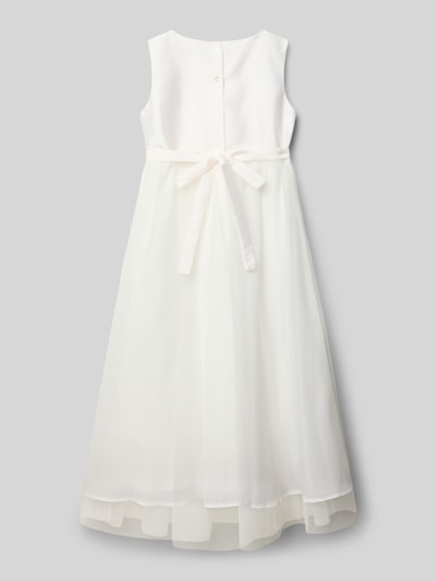 Produktfoto, Regular Fit Kleid mit Spitzenbesatz von Une Hautre Couture im Baumwoll-Mix mit Zierschleife, Knopfleiste, floraler Besatz, ärmelloses Design, Rückenlänge 104 cm in Größe 134, Farbe Weiß, strukturierte und transparente Textur.