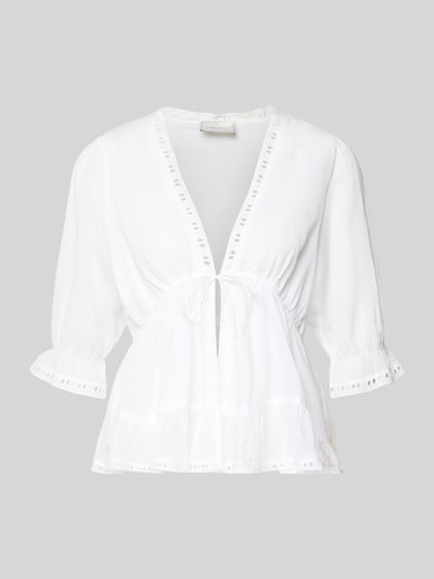 Neo Noir Bluse mit Lochstickerei und Schnürung Modell 'ADELIA' Weiss 1