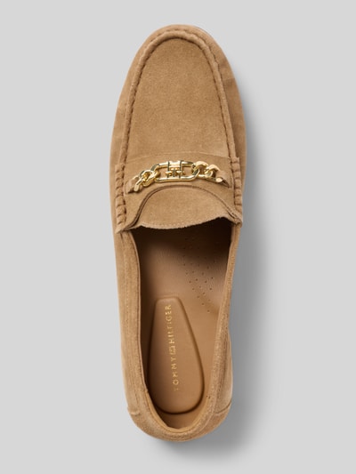 Produktfoto, loafersy 'Loafer aus echtem Rindsvelours' od Tommy Hilfiger, efekt: jednolity kolor, nosek buta okrągły, obcas słupek, detal z logo, bez zapięcia, fakturowana podeszwa, wykończenie materiału: skóra welurowa, materiał: welurowa skóra bydlęca