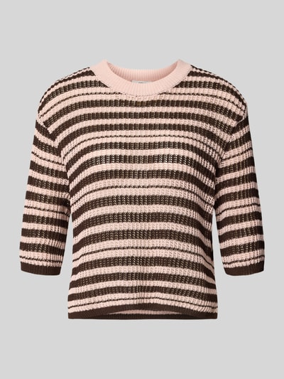 Produktfoto, Strickshirt mit 3/4-Arm Modell 'Punny' von OPUS, gestreift in Rosa und Braun, Baumwoll-Mix, Regular Fit, Rundhalsausschnitt.