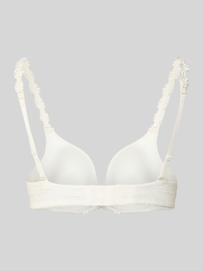 Frauenmodel trägt BH mit Spitzenbesatz Modell 'Avero' von Marie Jo im Unifarbenes-Design mit Hakenverschluss, Nahaufnahme Rückansicht. Material-Mix mit Stretch-Anteil, florale Applikationen, körpernaher Schnitt, verstellbare Träger.