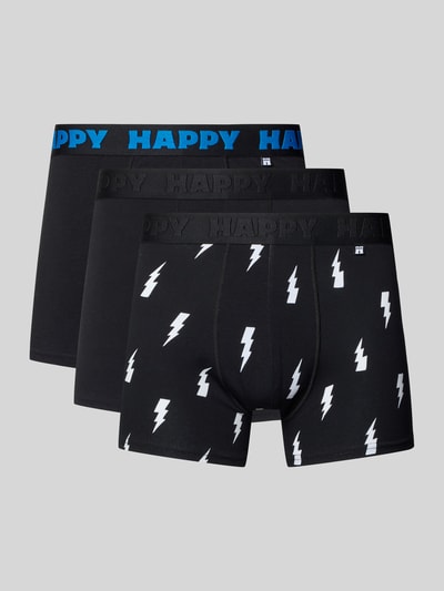 Produktfoto, Obcisłe bokserki 'Trunks aus Baumwoll-Mix im 3er-Pack' von Happy Socks, mieszanka bawełny i elastanu, czarny kolor, nadruk z błyskawicami, elastyczny pasek z logo, krój dopasowany, zestaw 3 szt.