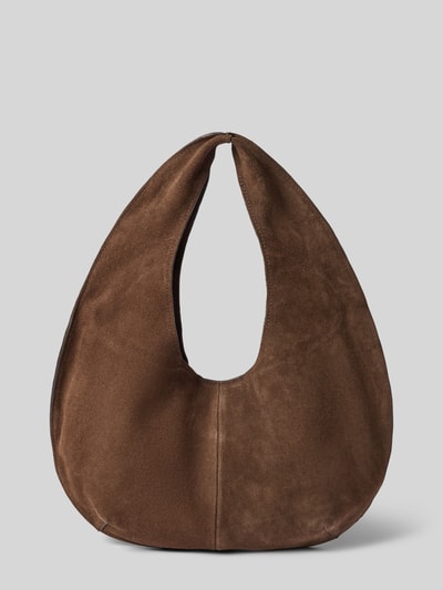 Produktfoto, braune Hobo Bag aus echtem Rindsleder Modell 'Sack Bag' von MANGO mit kurzem Schulterriemen, offene Form, samtige Textur