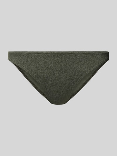 Produktfoto, Bikini-Slip mit Label-Detail Modell 'ALERIA' von Banana Moon in Olivgrün, feine Struktur, Material-Mix mit Stretch-Anteil, Körpernaher-Schnitt, Damen