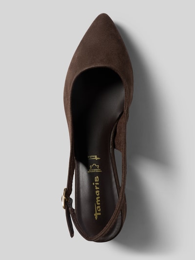Productfoto, Slingbacks aus echtem Veloursleder van Tamaris in effen bruin, puntige neus, blokhak, gespsluiting, gestructureerde zool, echt leren suède, detailopname bovenaanzicht