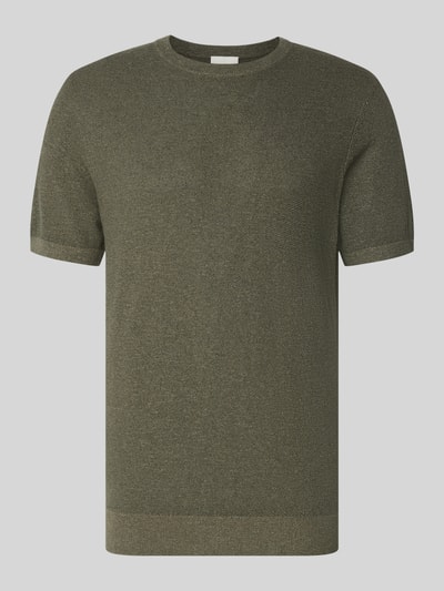 Produktfoto, olivgrünes T-Shirt aus Baumwoll-Leinen-Mix von Profuomo, glatte Struktur, Rundhalsausschnitt, Slim Fit, Rückenlänge 70 cm.