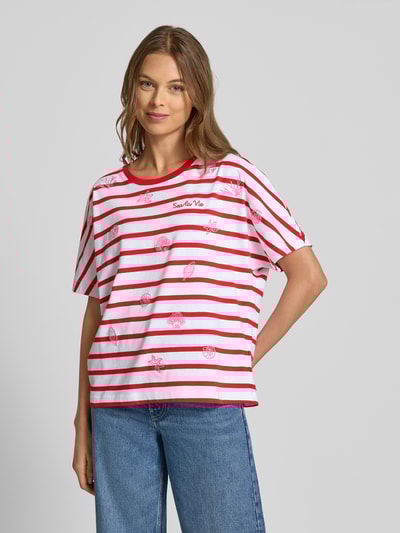 Oui T-Shirt mit Rundhalsausschnitt und Stitchings Hellrot 4