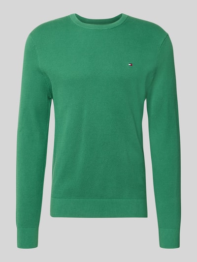 Produktfoto, grüner Regular Fit Pullover aus reiner Baumwolle von Tommy Hilfiger, feine Struktur, glatter Rundhalsausschnitt