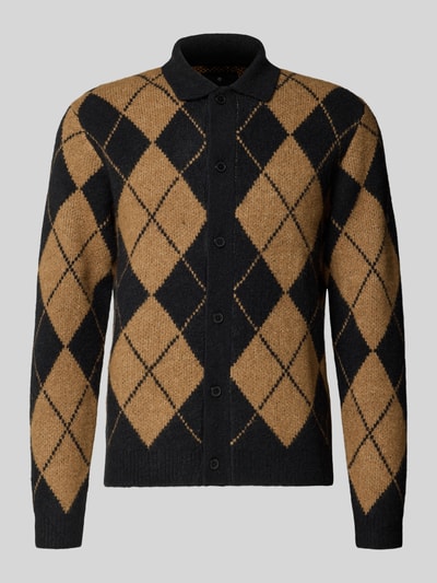 Produktfoto, Slim Fit Strickjacke mit Woll-Anteil Modell 'Simon' von JACK & JONES in Schwarz und Braun im Rautenmuster, Strick-Optik, elastischer Material-Mix, Umlegekragen, durchgehende Knopfleiste