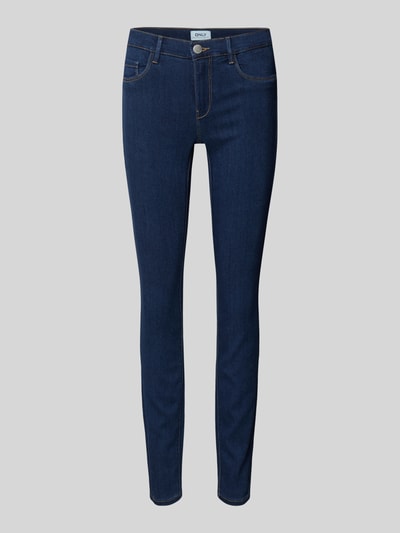 Produktfoto, Skinny Fit Jeans aus Viskosemischung Modell 'Rain' von ONLY, granatowy, 5 kieszeni, regular waist, zapięcie na guzik i zamek, mieszanka wiskozy z bawełną i streczu, długość wewnętrzna nogawki 82 cm, szerokość w pasie 70 cm, prosta faktura, jednolity kolor.