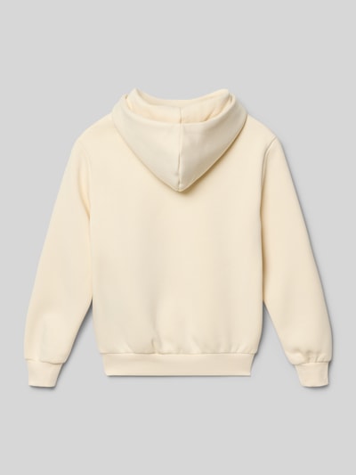 Produktfoto, Hoodie mit Känguru-Tasche von KARL KANI aus cremefarbenem Baumwoll-Mix, lockerer Schnitt, sichtbare Kapuze und Bündchen