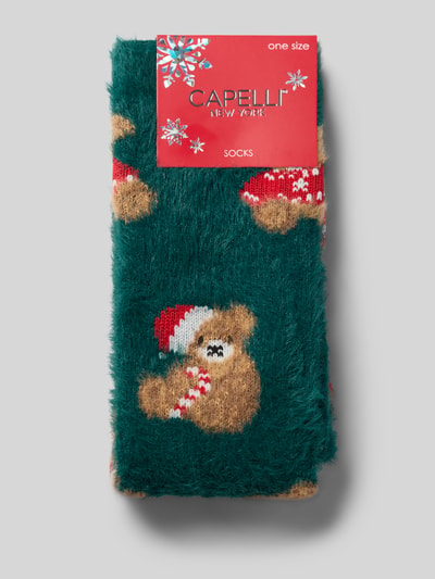 Produktfoto, Socken aus elastischem Material-Mix Modell 'Bär' von CAPELLI NEW YORK in Dunkelgrün mit flauschiger Textur und Bärchen-Motiv, Damen Socken von CAPELLI NEW YORK, Elastischer Material-Mix, Motiv-Stitching, Modell 'Bär'.