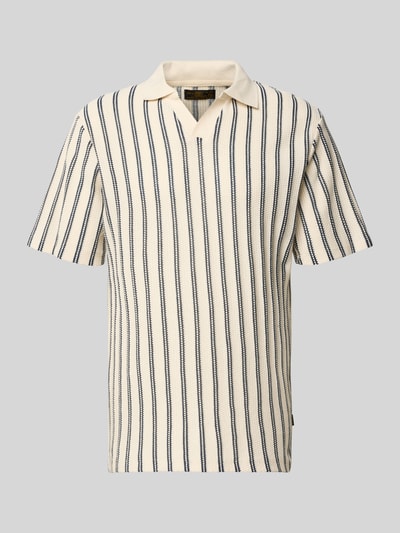 Produktfoto, Regular Fit Poloshirt mit V-Ausschnitt Modell 'HARRY' von Jack & Jones Premium im Allover-Look, creme mit blauen Streifen, Baumwoll-Mix mit Viskose-Anteil, Rückenlänge bei Größe M 68 cm.