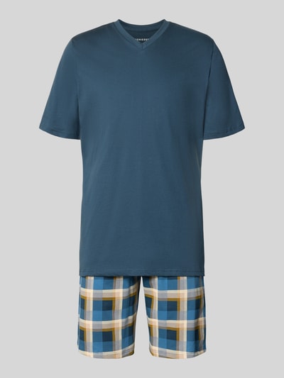 Produktfoto, Regular Fit Pyjama-Set aus reiner Baumwolle von SCHIESSER in Blau mit karierten Shorts, V-Ausschnitt, kurzes Design, reine Baumwolle