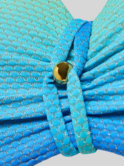 Produktfoto, Bikini-Oberteil mit abnehmbaren Trägern Modell 'NUSA DUA' von Marie Jo, türkis-blauer Material-Mix mit goldenen Akzenten und strukturierter Oberfläche.
