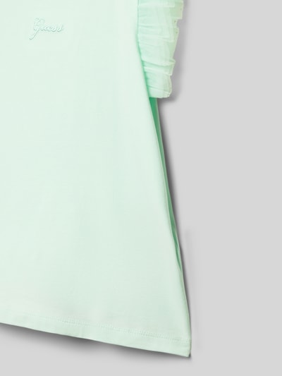Productfoto, T-shirt met logostitching en ronde hals van guess, recht model, tule aan mouw, maat 116 ruglengte 41 cm, mintgroen, zachte stof