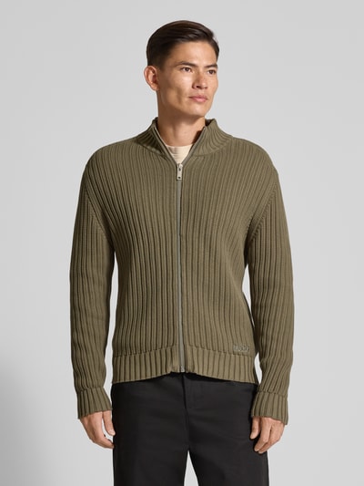 HUGO Regular fit gebreid jack van geribd katoen, model 'SRITON' Olijfgroen - 4
