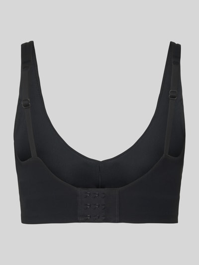 Produktfoto, czarny stanik Bustier mit Label-Print Modell 'PURELUXE LONGLINE' od Fabletics, elastyczna mieszanka materiałów, krój dopasowany, zapięcie na haftkę z tyłu, nadruk z logo, typ low impact