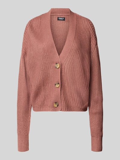 Produktfoto, boxy gebreid jack in roze met v-hals en knoopsluiting, Dames Strickjacke von ONLY, Boxy Fit Strickjacke mit V-Ausschnitt Modell 'CAROL'