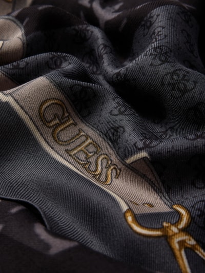 Productfoto, Schal mit Logo-Detail Modell 'Lindsey' van GUESS, dames sjaal van zuiver modal, rechthoekige pasvorm, zwart-beige met goudkleurig logodetail, zachte textuur