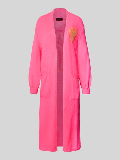 Produktfoto, Longcardigan mit Eingrifftaschen von miss goodlife in leuchtendem Pink, Baumwoll-Alpaka-Mix, lockerer Schnitt, gerippte Abschlüsse, Herz-Applikation, weiche Textur