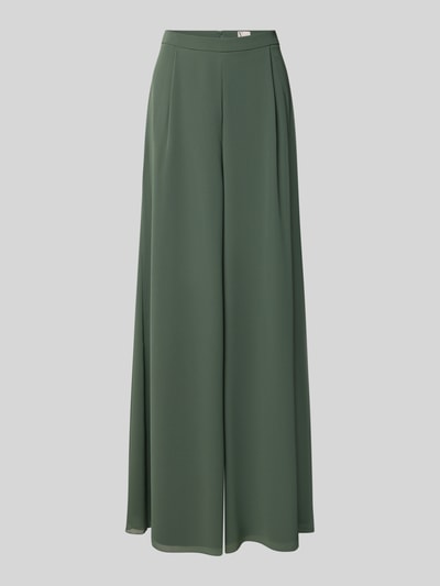 Produktfoto, Wide Fit Hose mit Bundfalten von V by Vera Mont in semitransparentem olivgrün, glatte Textur, Reißverschluss, Damengröße 36.