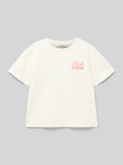 Produktfoto, Kinder T-Shirt mit rückseitigem Motiv-Print von Garcia in Offwhite, Reine Baumwolle, Regular-Fit, Rundhalsausschnitt, Rückenlänge 41 cm bei Größe 140